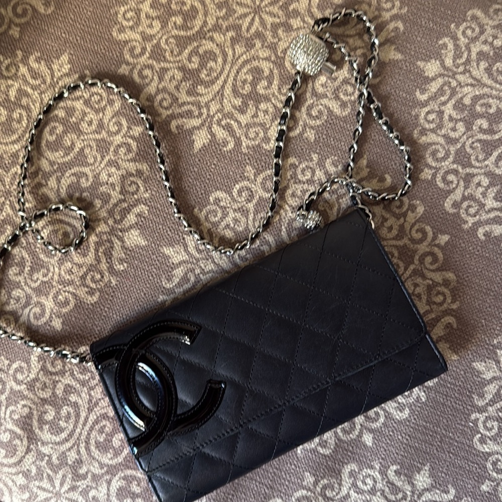 CHANEL Interlocking CC Cambon Calf Leather Enamel Black/Pink Wallet/Clutch/WOC - Picture 8 of 17